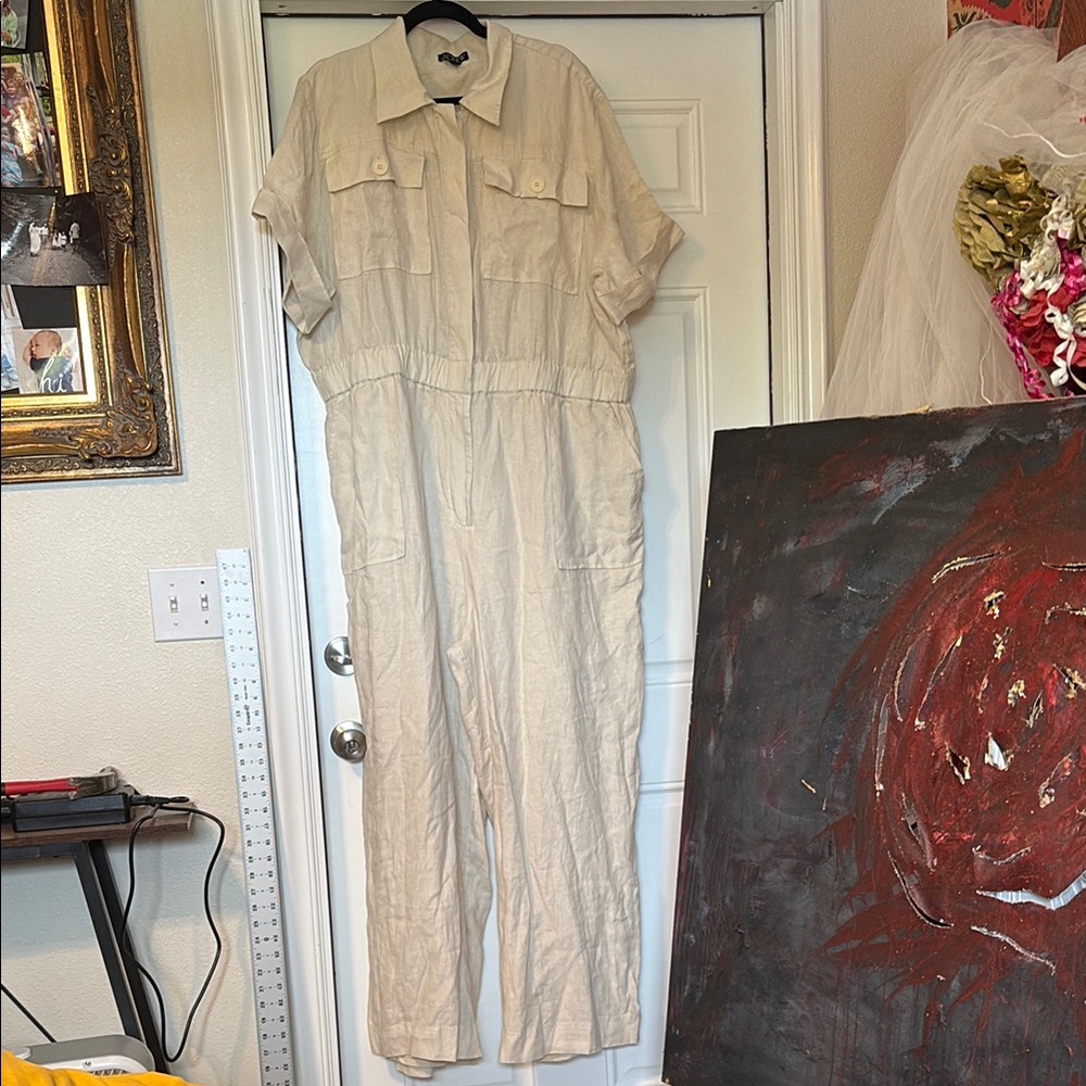 J. Crew Cream Linen Utility Jumpsuit with Short Sleeves
